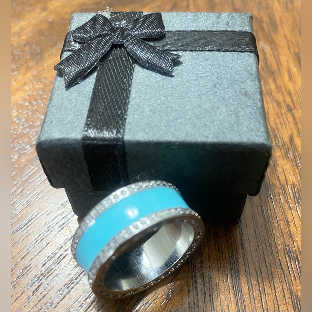 Pandora 925 ALE Sterling Silver NEW Blue Wide Band Ring •Rhinestones•Halo Hearts